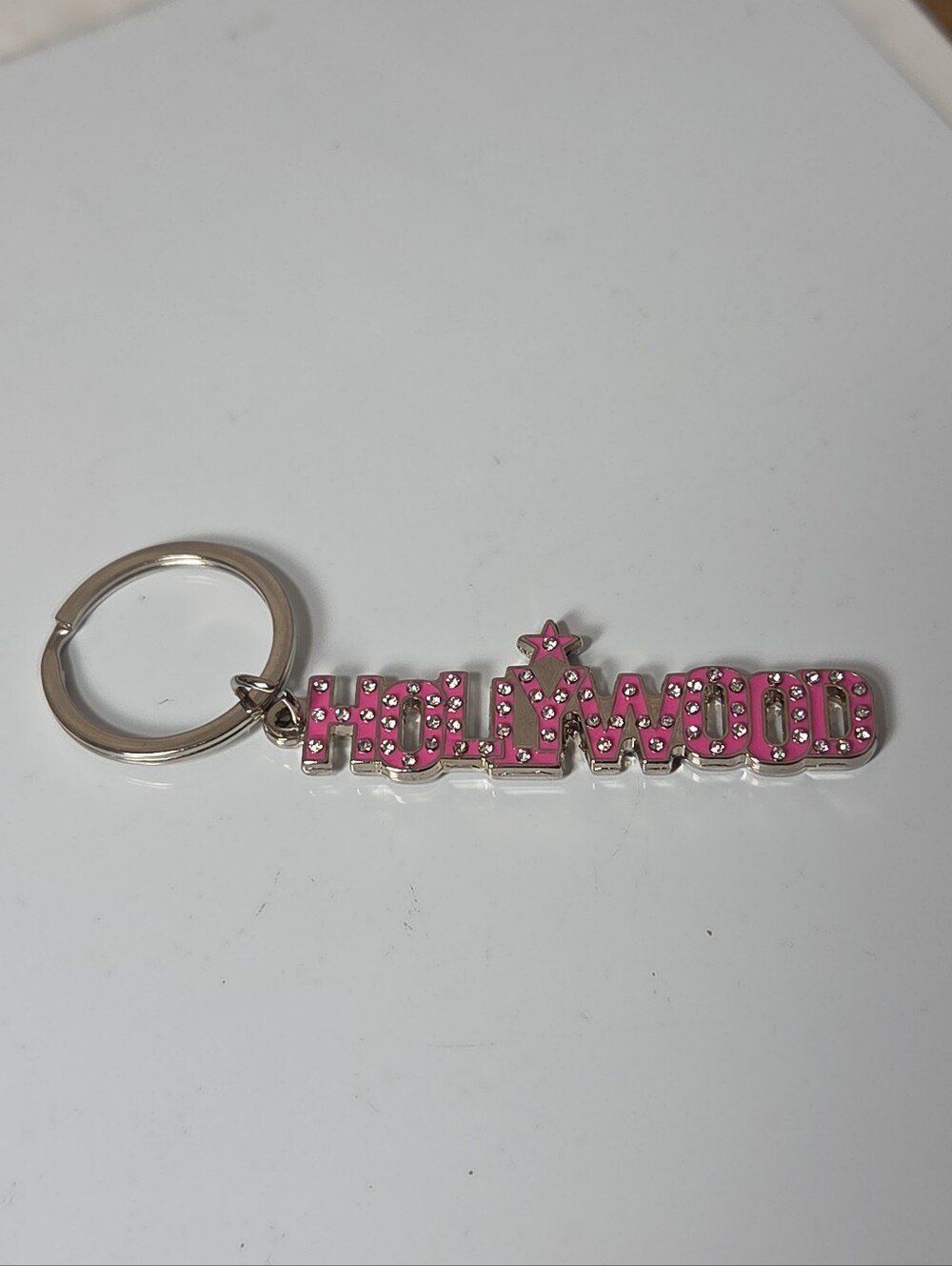Hollywood Keyring Keychain Souvenir Travel Silver Pink Rhinestones